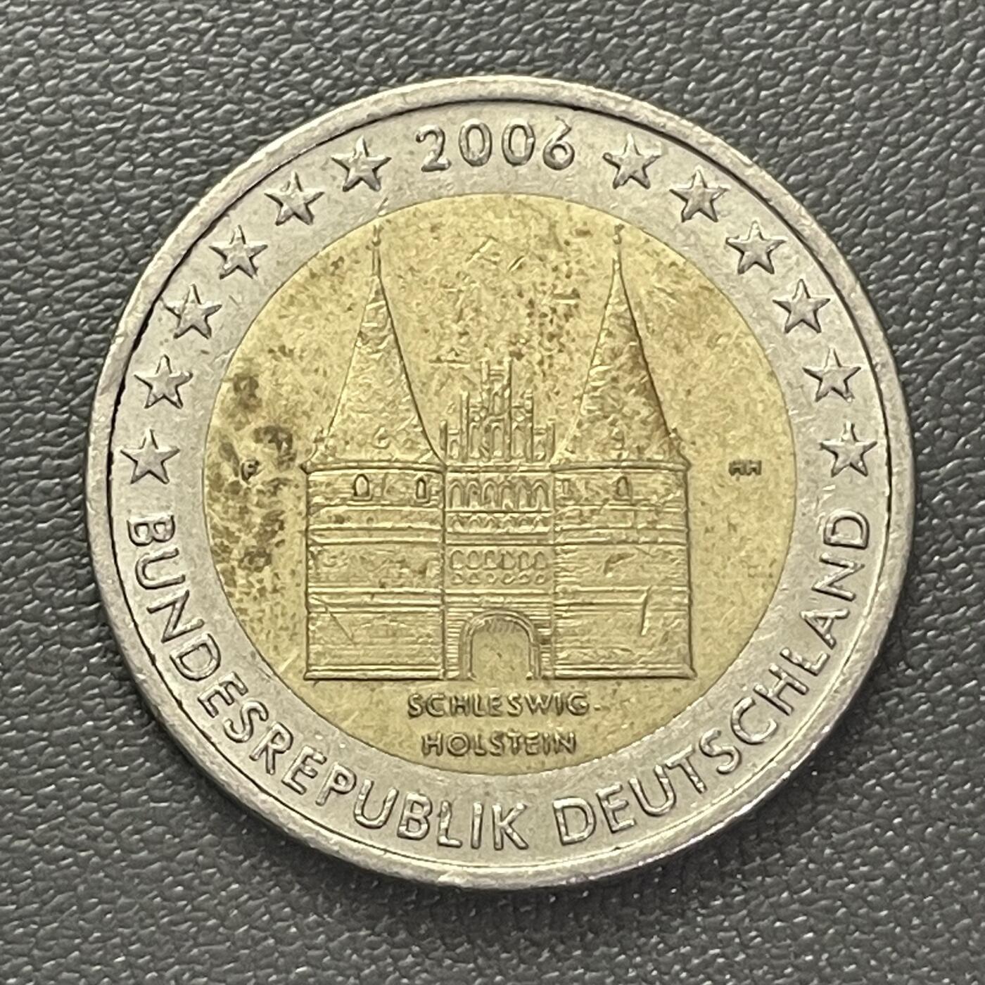 回流0301 德国2006年2欧元双金属币  州币 石荷州霍尔斯滕门
