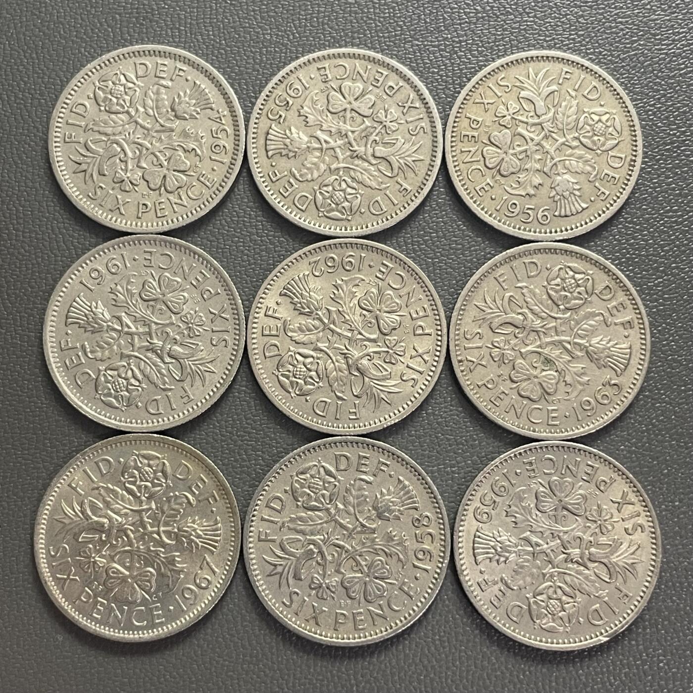 回流0218 新春快乐，马年大吉！ 英国伊丽莎白女王时期6便士花卉版不同年份9枚 幸运六便士