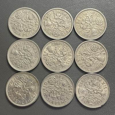 回流0218 新春快乐，马年大吉！ - 英国伊丽莎白女王时期6便士花卉版不同年份9枚 幸运六便士