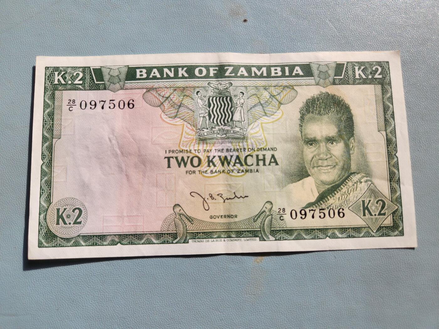 2月20号晚上8点 外国纸币自动截拍第27场 赞比亚 1968年 2 克瓦查 原票美品