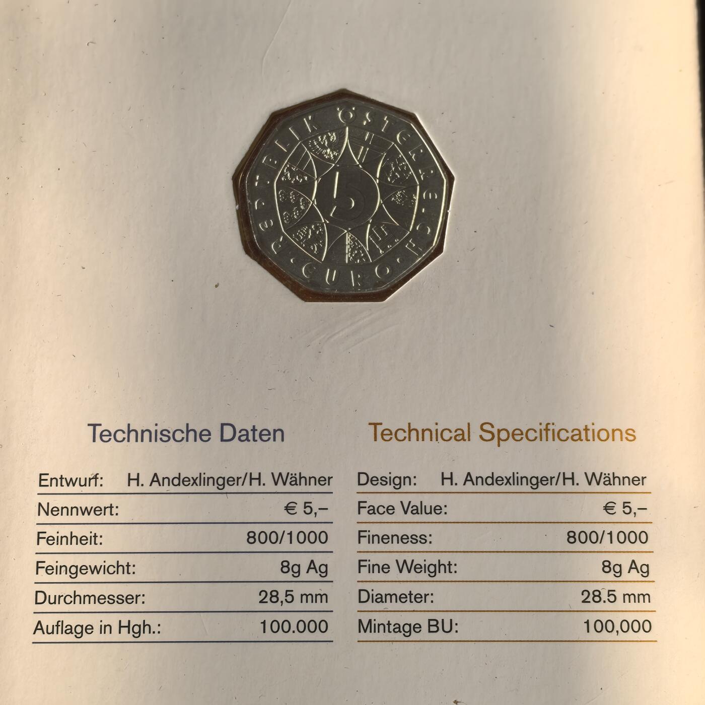 道一币馆币章第一百六十六场 原包装 奥地利2004年足球运动百年5欧元纪念银币