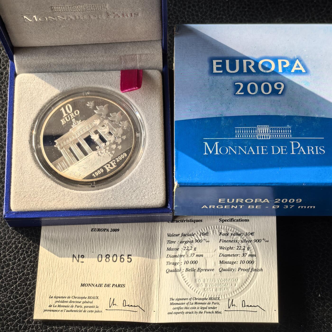 道一币馆币章第一百六十六场 原盒证 法国2009年柏林墙倒塌20周年10欧元银币