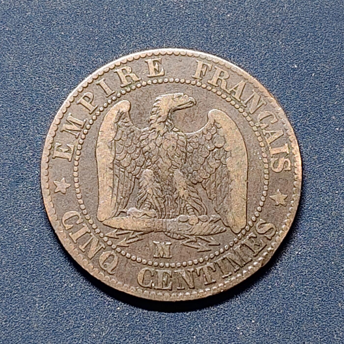 【全场包邮】纯粹捡漏拍504场-更新中 法国第二帝国1857年拿破仑三世5分铜币