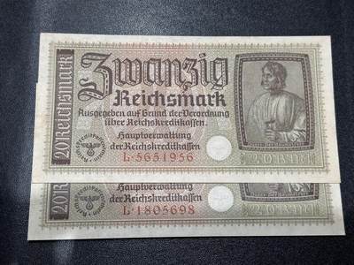 《外钞收藏家》第六百一十二期（ 精选场）（长期征集拍品、欢迎藏友们联系合作） - 德国20马克 2张一起 丢勒画作 勃兰登堡门 全新轻微黄 尾56、98