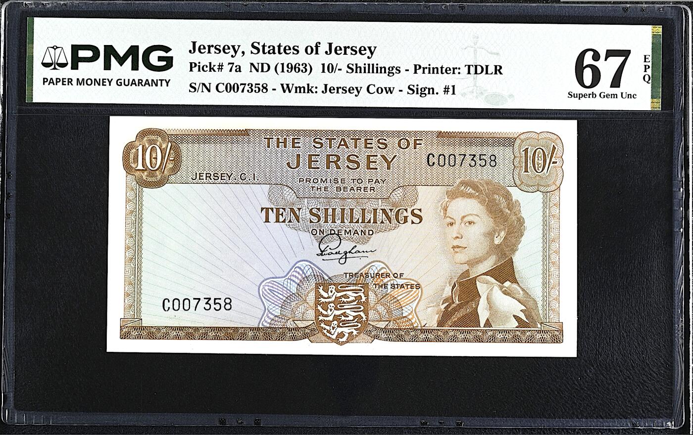 《艾美收藏》第232期-2.22周日外币靓号精品场(春节首拍) 泽西10先令 PMG67E 1963年 戎装女王 无4尾8