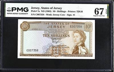 《艾美收藏》第232期-2.22周日外币靓号精品场(春节首拍) - 泽西10先令 PMG67E 1963年 戎装女王 无4尾8