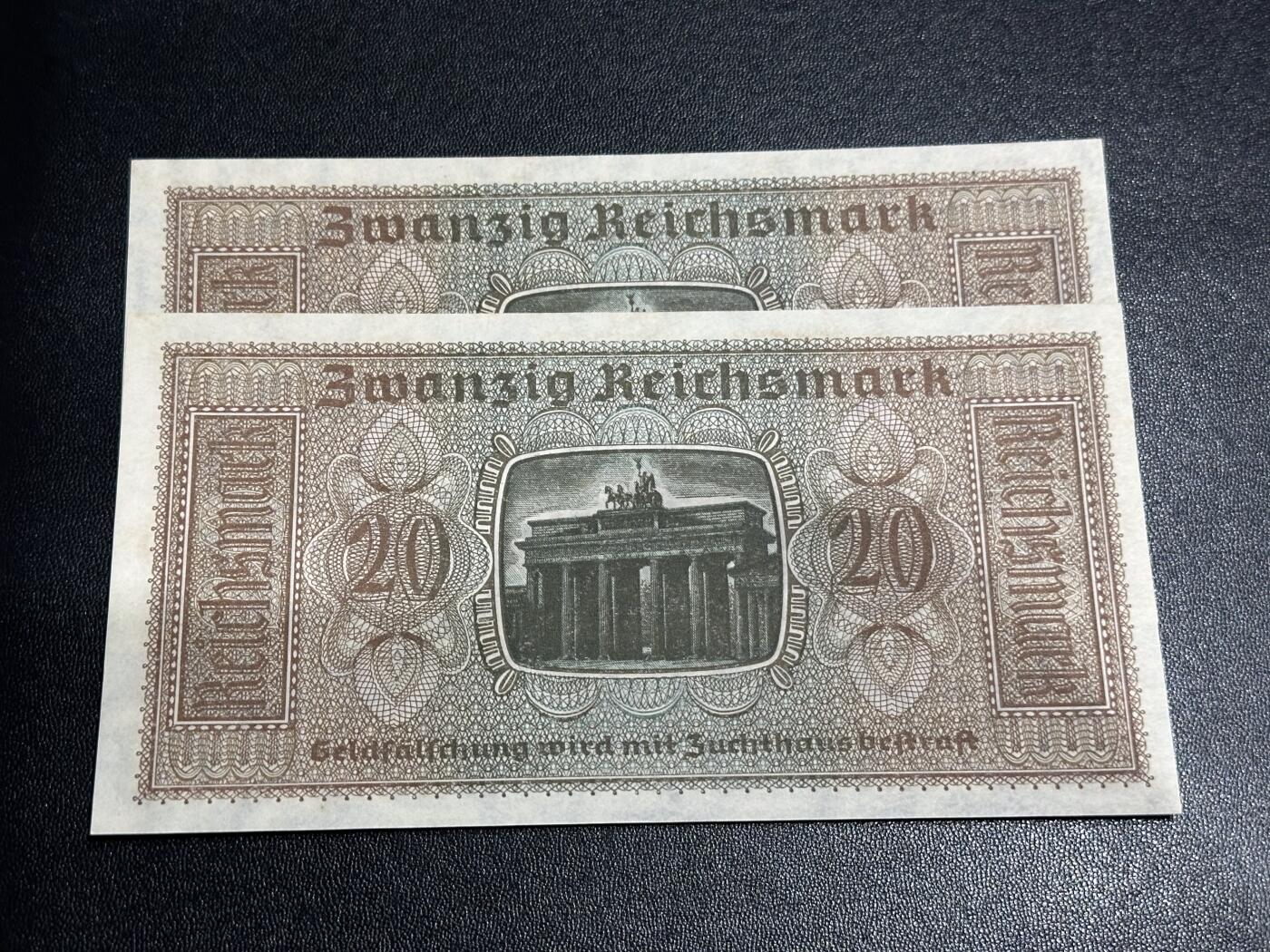 《外钞收藏家》第六百一十二期（ 精选场）（长期征集拍品、欢迎藏友们联系合作） 德国20马克 2张一起 丢勒画作 勃兰登堡门 全新轻微不绝 尾58、68