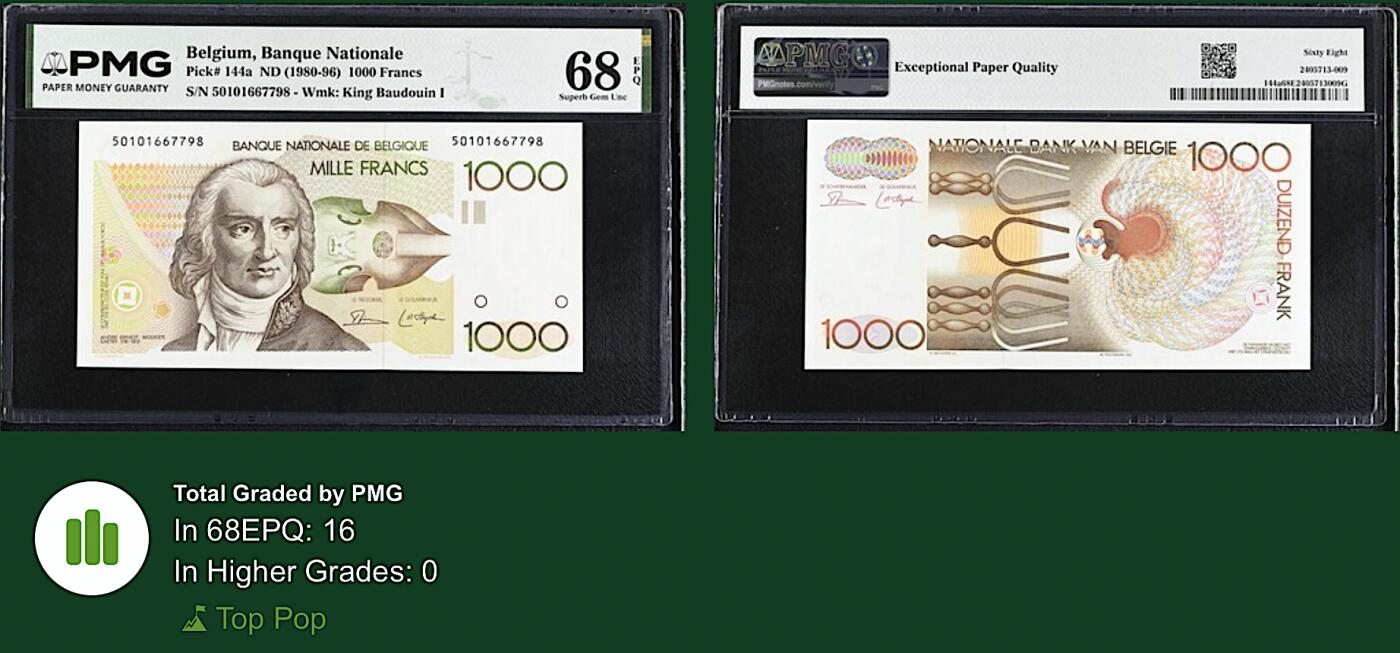 《艾美收藏》第232期-2.22周日外币靓号精品场(春节首拍) 比利时1000法郎 PMG68E 比利时作曲家格雷特里 长号码无4 冠军分 非常难得