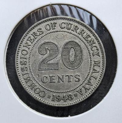 外国优质老铜币银币，周日九点倒数截拍，满百包邮，持续收拍，初八发货 - 英属马来亚1948年20分，发行于二战后殖民统治末期。正面为英王乔治六世头像，彰显英国殖民权威；见证了马来亚地区殖民货币体系的尾声与独立运动的兴起。