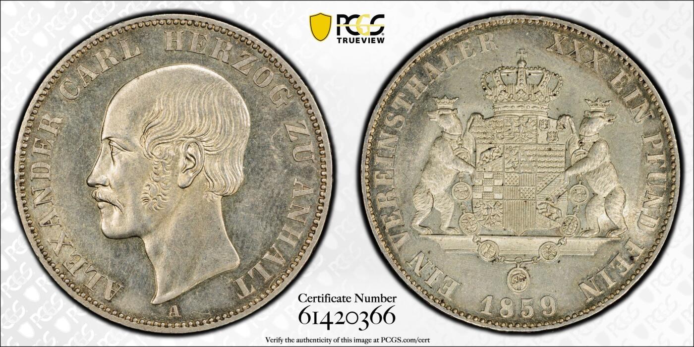万国钱币拍卖第061期（马年首拍） PCGS MS62 1859年德国安哈尔特-贝恩堡疯王卡尔双熊纹章流通1泰勒 仅单年发行 PCGS亚军分难度极大的罕见品种 轻微镜面背面全毛双熊盾徽观感极佳的顶级收藏品质