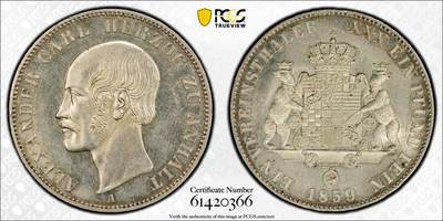 万国钱币拍卖第061期（马年首拍） - PCGS MS62 1859年德国安哈尔特-贝恩堡疯王卡尔双熊纹章流通1泰勒 仅单年发行 PCGS亚军分难度极大的罕见品种 轻微镜面背面全毛双熊盾徽观感极佳的顶级收藏品质