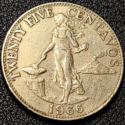 泉币菌-第196场- 新年快乐 新年第4场 本场拍品多 请提前出价 - 独立首版 1966年 菲律宾25分镍币 24mm 火山女神