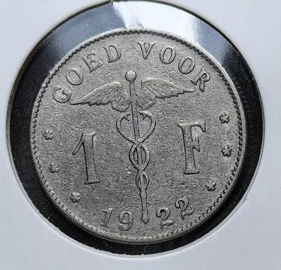外国优质老铜币银币，周日九点倒数截拍，满百包邮，持续收拍，初八发货 - 比利时1922年1法郎镍币。正面的双蛇杖（商神杖）与 “GOED VOOR 1 F” 字样，象征商业与货币价值；背面的跪姿少女图案与荷兰语国名 “BELGIË”，是一战后比利时为提振民族信心、重建经济而设计的货币符号，见证了国家从战争创伤中复苏的历程。
