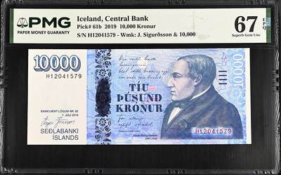《艾美收藏》第232期-2.22周日外币靓号精品场(春节首拍) - 冰岛10000克朗 PMG67E 2019年 作家、诗人哈尔格里姆松