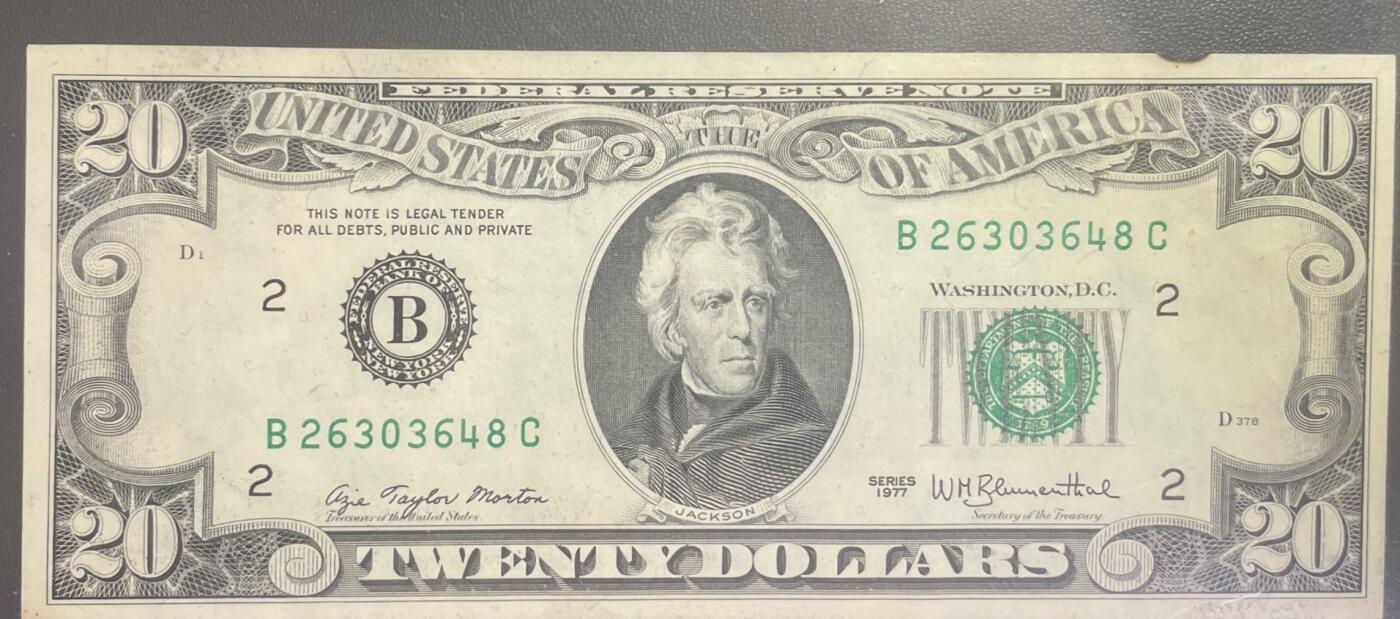 回流0301  1977年版20美元（¥138元）联邦储备券 纽约联邦储备银行（字母“B”，数字标识“2”）