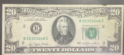 回流0301 -  1977年版20美元（¥138元）联邦储备券 纽约联邦储备银行（字母“B”，数字标识“2”）