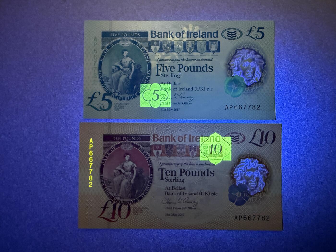 《艾美收藏》第232期-2.22周日外币靓号精品场(春节首拍) 北爱尔兰5、10镑2张 UNC 爱尔兰银行塑料钞 无4全同号