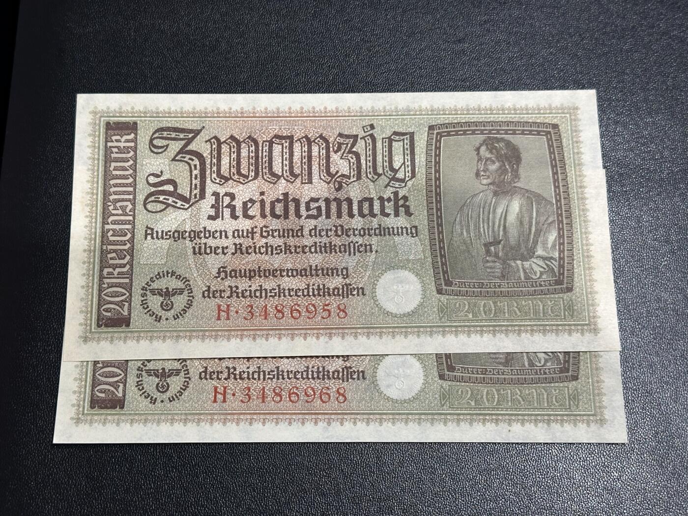 《外钞收藏家》第六百一十二期（ 精选场）（长期征集拍品、欢迎藏友们联系合作） 德国20马克 2张一起 丢勒画作 勃兰登堡门 全新轻微不绝 尾58、68