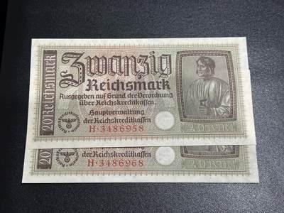 《外钞收藏家》第六百一十二期（ 精选场）（长期征集拍品、欢迎藏友们联系合作） - 德国20马克 2张一起 丢勒画作 勃兰登堡门 全新轻微不绝 尾58、68