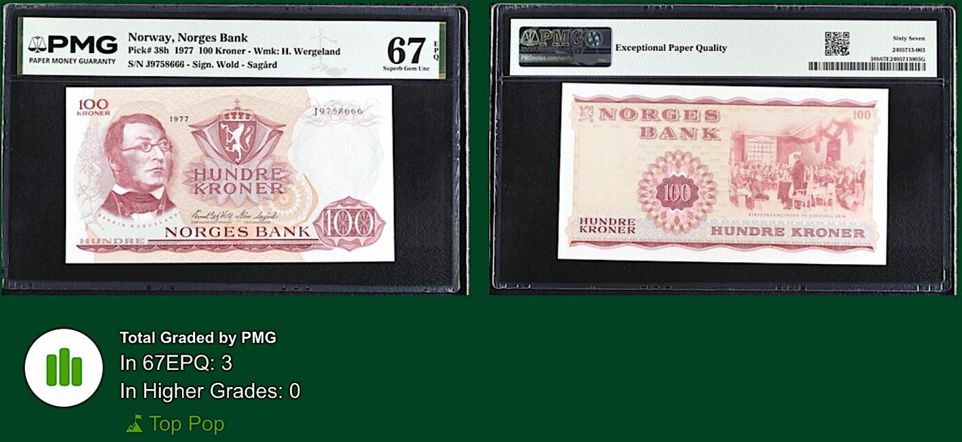 《艾美收藏》第232期-2.22周日外币靓号精品场(春节首拍) 豹子号 挪威100克朗 PMG67E 1977年 挪威戏剧家韦格朗 无4豹子号 冠军分