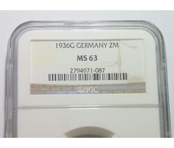【银】稀年 NGC MS63 德国第三帝国1936年G版2马克银币 难得初铸 开卷原光