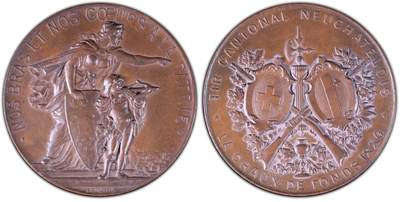 万国钱币拍卖第061期（马年首拍） - PCGS SP64 1886年瑞士联邦在拉绍德封举行的纳沙泰尔射击节纪念大铜章 纳沙泰尔女神指向城市景观 经典瑞士高浮雕 47MM