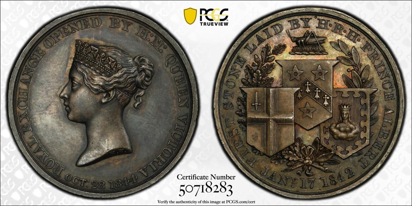 万国钱币拍卖第061期（马年首拍） PCGS SP62 1844年英国维多利亚女皇纪念皇家交易所开业银章 原味不列颠黑彩镜面极美小维头像收藏品质