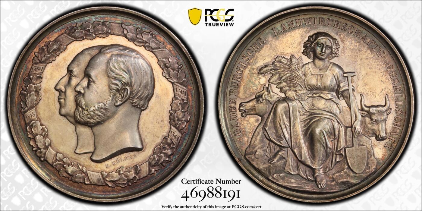万国钱币拍卖第061期（马年首拍） PCGS SP63 1868年德国奥尔登堡大公国纪念奥尔登堡农业协会成立50周年大银章 正面奥尔登堡大公彼得·弗里德里希·路德维希与王后尼古拉斯·弗里德里希·彼得高浮雕侧相 背面农业女神端坐在中央 超高浮雕原味淡彩极美 罕见小邦品种收藏级品质 PC唯一亚军更高仅一枚