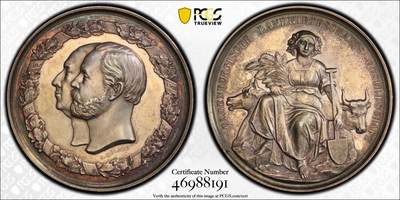 万国钱币拍卖第061期（马年首拍） - PCGS SP63 1868年德国奥尔登堡大公国纪念奥尔登堡农业协会成立50周年大银章 正面奥尔登堡大公彼得·弗里德里希·路德维希与王后尼古拉斯·弗里德里希·彼得高浮雕侧相 背面农业女神端坐在中央 超高浮雕原味淡彩极美 罕见小邦品种收藏级品质 PC唯一亚军更高仅一枚