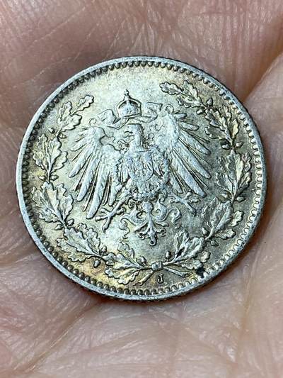 2026年第三十一场(总第二百场)英国一线回流散币新春特拍第三场(免佣金) 德意志帝国1905年1/2马克银币(威廉一世时期，J标汉堡造，900高银)