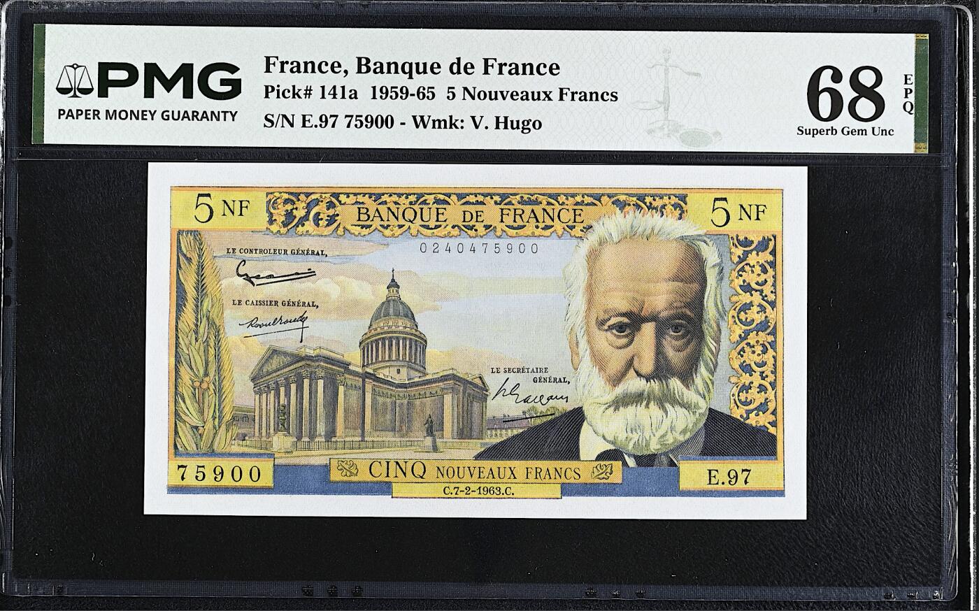 《艾美收藏》第232期-2.22周日外币靓号精品场(春节首拍) 法国5法郎 PMG68E 1963年 法国作家维克多·雨果 冠军分