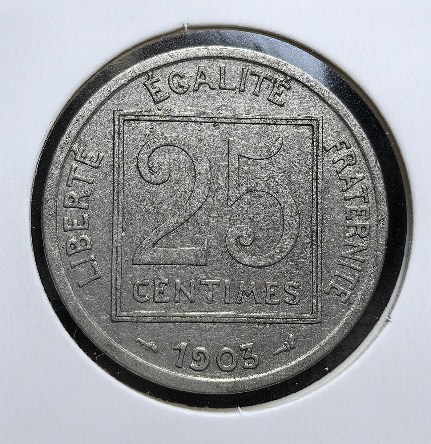 外国优质老铜币银币，周日九点倒数截拍，满百包邮，持续收拍，初八发货 法兰西第三共和国1903年25生丁。正面的玛丽安娜头像象征法兰西共和精神，背面的 “自由、平等、博爱” 格言与面值设计，体现了第三共和国的政治理念，见证了 20 世纪初法国的稳定与货币体系的成熟。