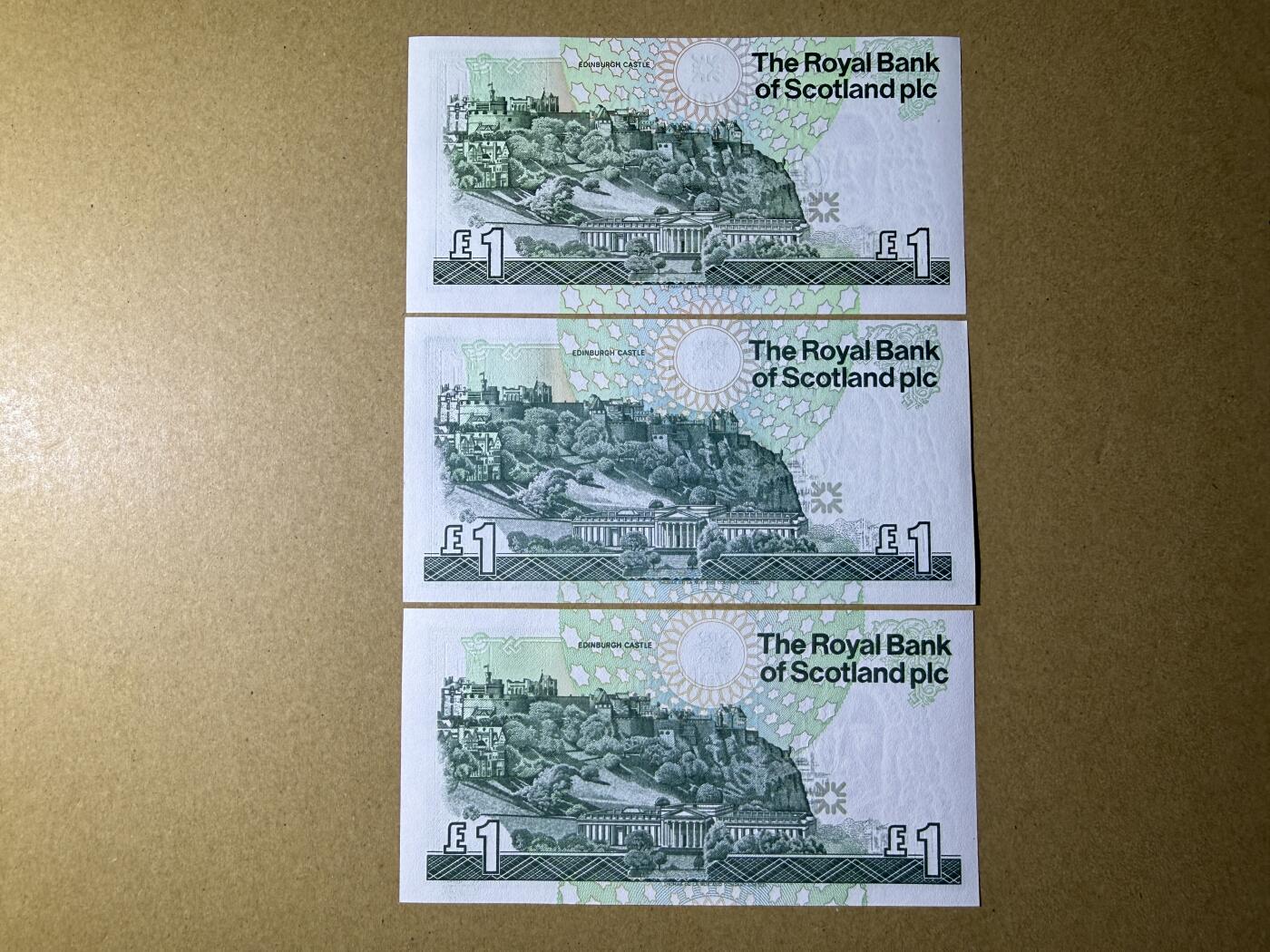 《艾美收藏》第232期-2.22周日外币靓号精品场(春节首拍) 苏格兰1镑3张 UNC 不同年份卷毛 全部双尾88