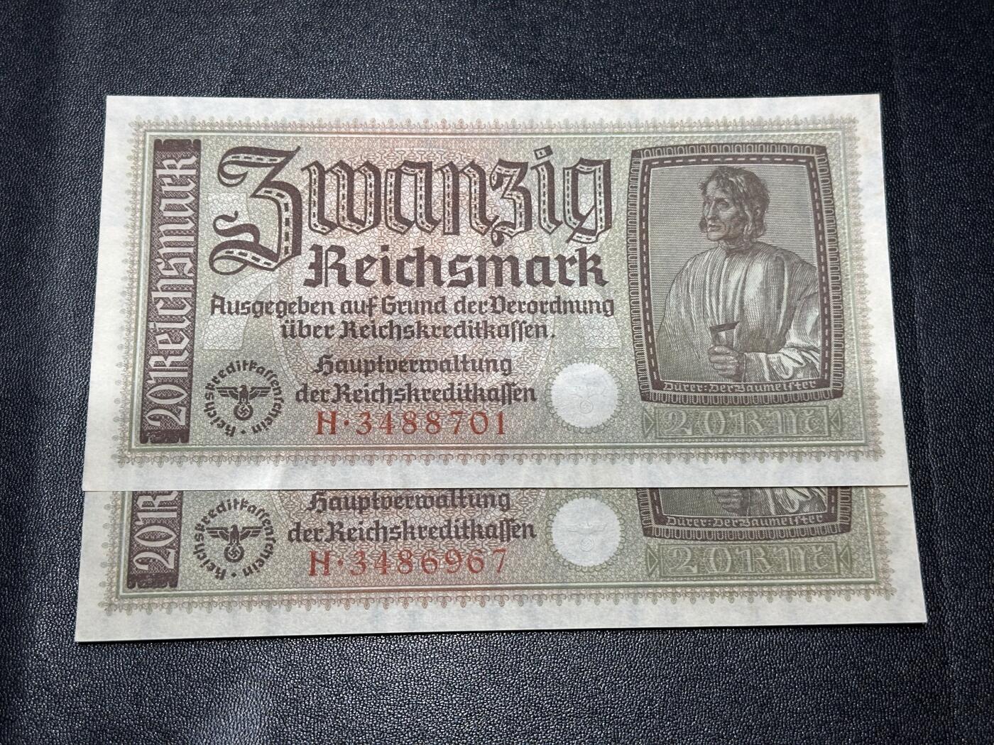 《外钞收藏家》第六百一十二期（ 精选场）（长期征集拍品、欢迎藏友们联系合作） 德国20马克 2张一起 丢勒画作 勃兰登堡门 全新轻微不绝 尾01、67