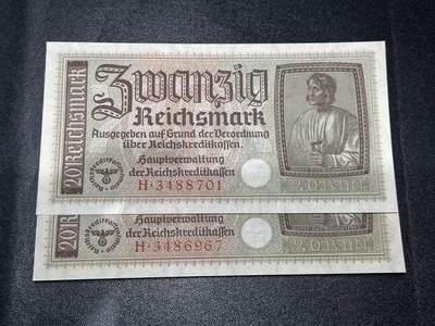 《外钞收藏家》第六百一十二期（ 精选场）（长期征集拍品、欢迎藏友们联系合作） - 德国20马克 2张一起 丢勒画作 勃兰登堡门 全新轻微不绝 尾01、67