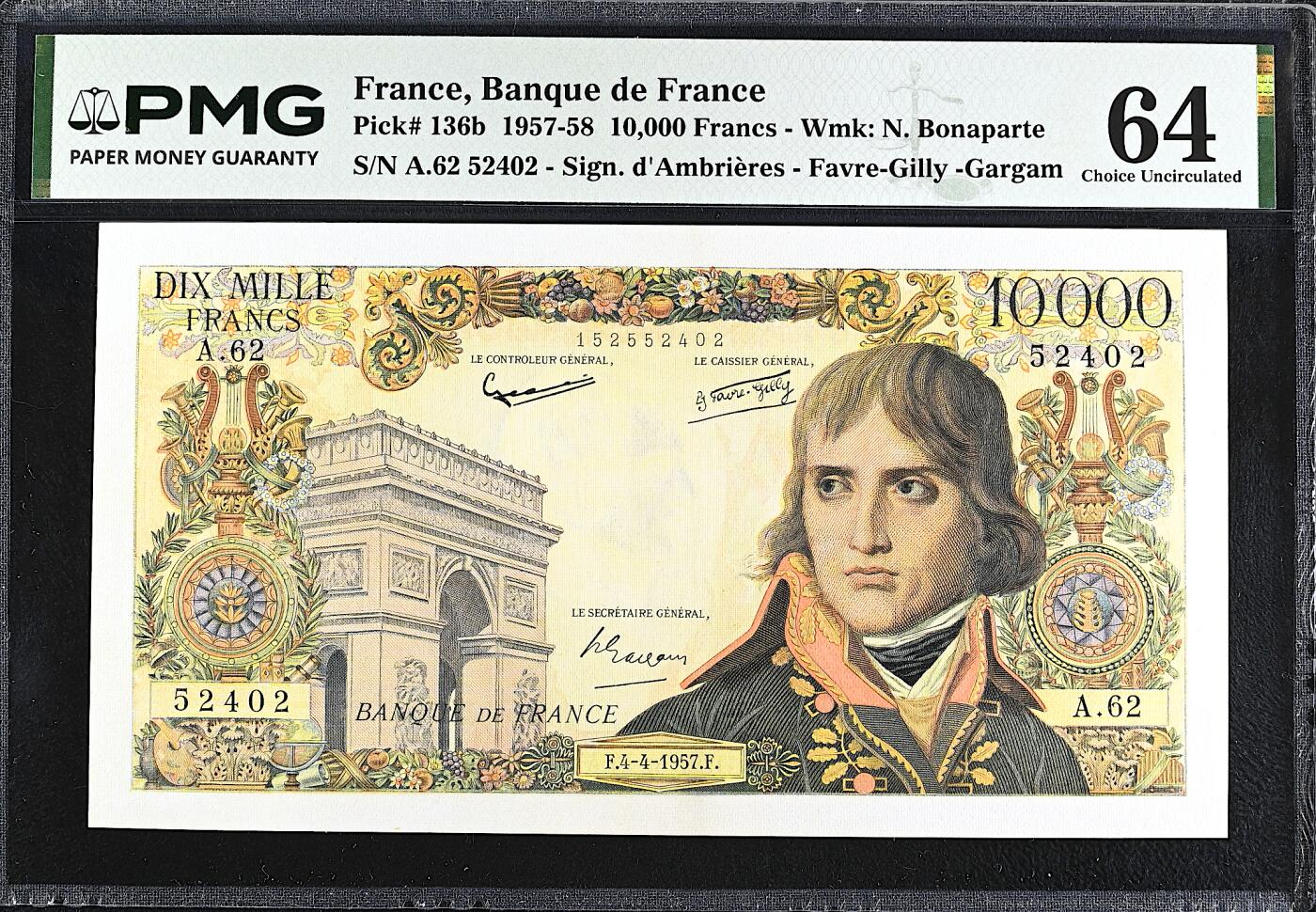 《艾美收藏》第232期-2.22周日外币靓号精品场(春节首拍) 法国10000法郎 PMG64 1957年 法兰西皇帝拿破仑 稀少改值前版本 更高分仅1张