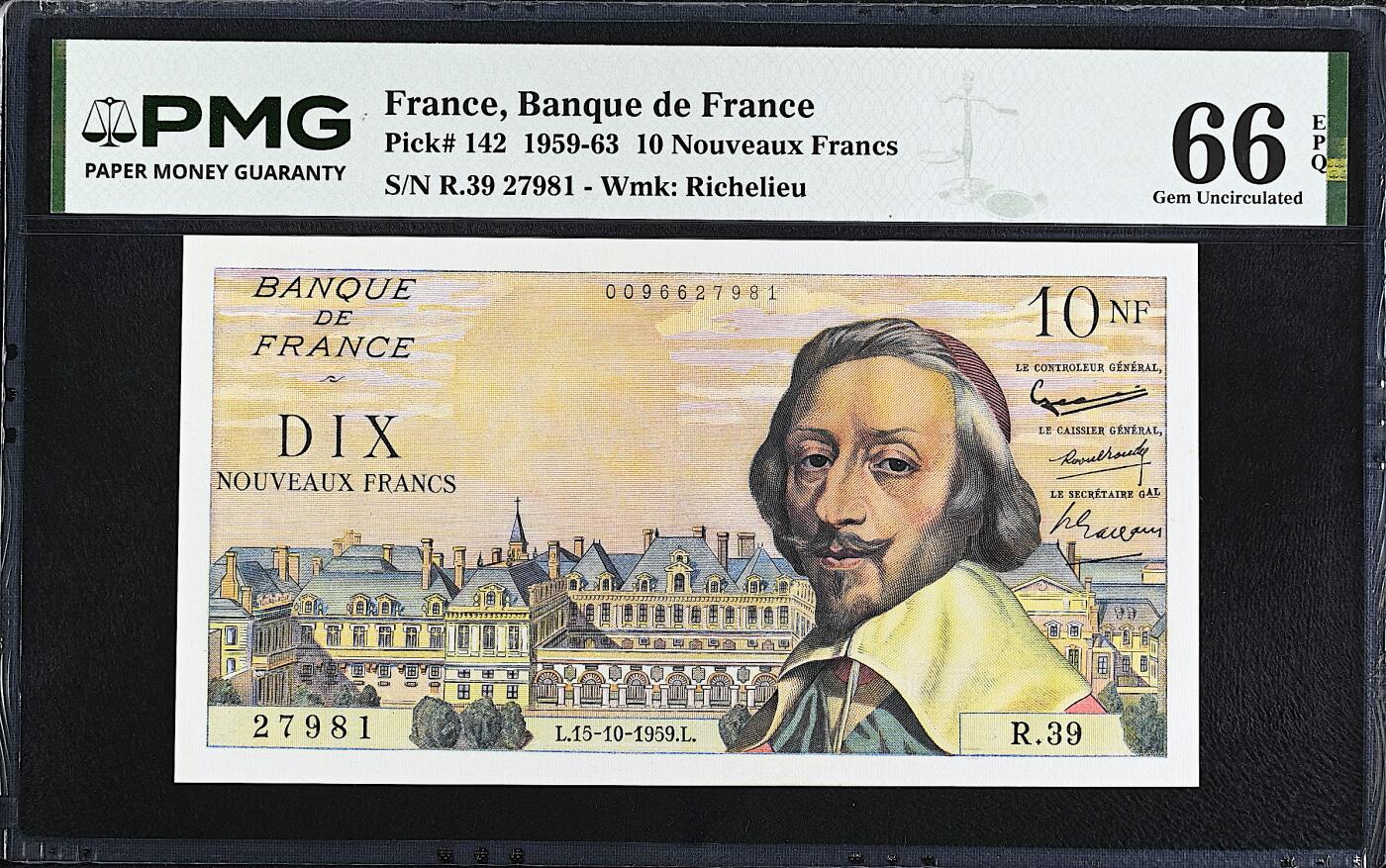 《艾美收藏》第232期-2.22周日外币靓号精品场(春节首拍) 法国10法郎 PMG66E 1959年 法国政治家黎塞留 无4