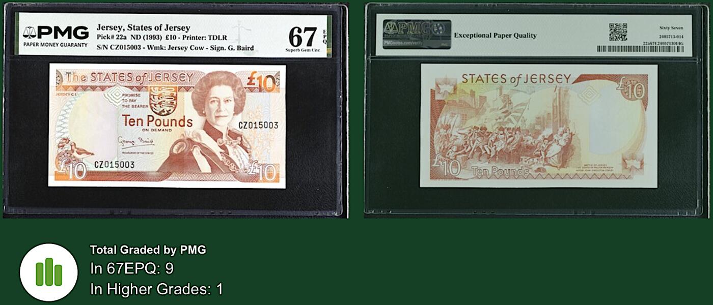 《艾美收藏》第232期-2.22周日外币靓号精品场(春节首拍) 泽西10镑 PMG67E 1993年 女王 无47