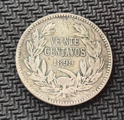 外国优质老铜币银币，周日九点倒数截拍，满百包邮，持续收拍，初八发货 - 智利1899年20分银币，发行于智利共和国稳定发展时期。正面的智利国鸟安第斯神鹰象征国家力量，背面的月桂枝与面值，见证了智利在 19 世纪末作为南美稳定经济体的历史地位。