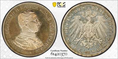 万国钱币拍卖第061期（马年首拍） - PCGS PR63 1914年德国普鲁士威廉二世军装精制3马克 精制喷砂镜面香槟金彩典藏品质