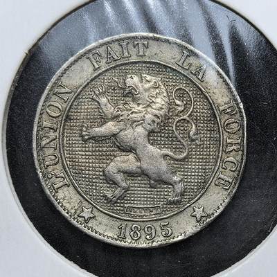 外国优质老铜币银币，周日九点倒数截拍，满百包邮，持续收拍，初八发货 - 比利时利奥波德二世1895年5分铜币。正面是国王利奥波德二世，背面是象征比利时的持盾雄狮，及国家格言团结就是力量。这枚硬币见证了比利时殖民扩张与君主专制的时代背景。