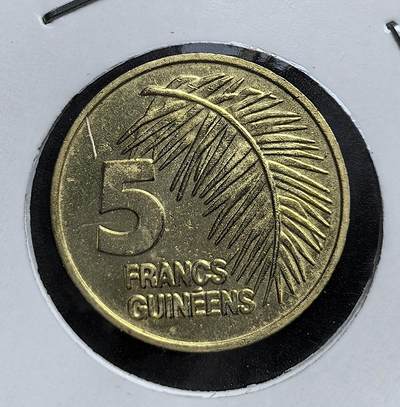 外国优质老铜币银币，周日九点倒数截拍，满百包邮，持续收拍，初八发货 - 几内亚共和国1985年5几内亚法郎。正面为国徽与国名，彰显独立后的国家主权；背面的棕榈叶图案，象征几内亚的热带物产与经济特色，见证了几内亚在后殖民时代的货币体系建设与发展。