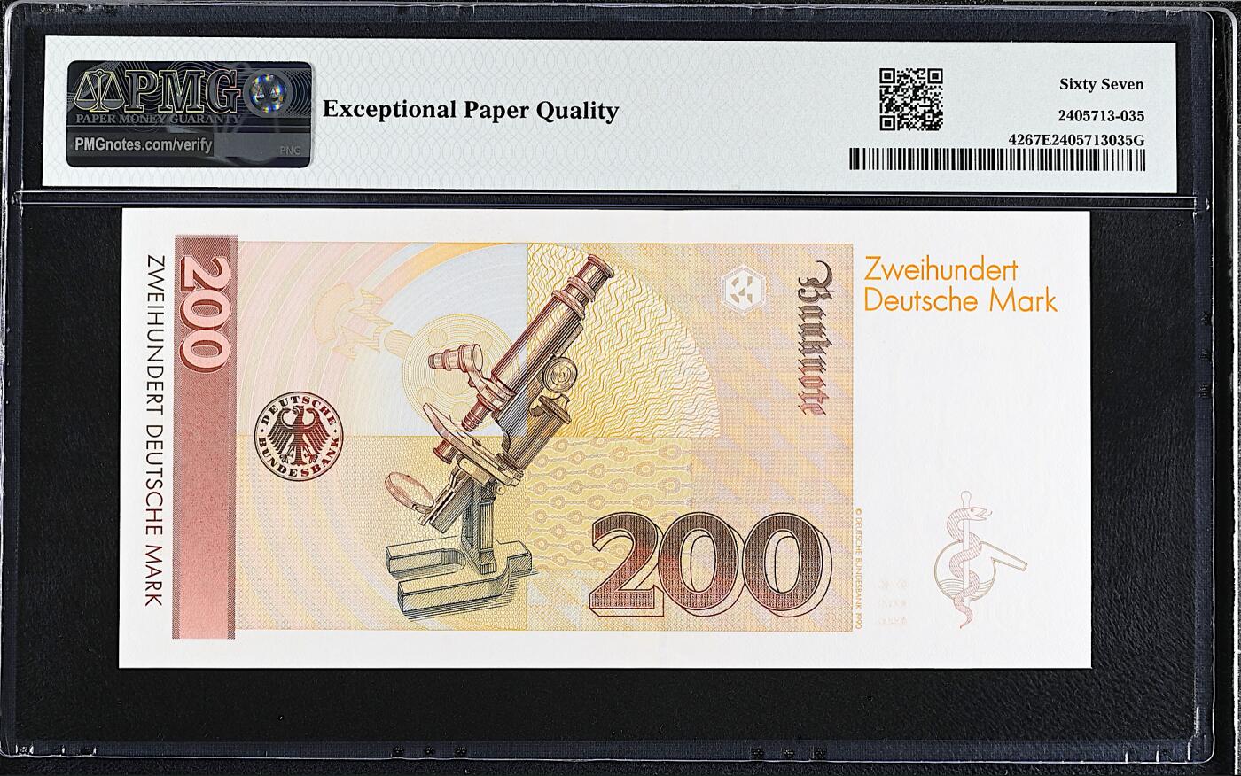 《艾美收藏》第232期-2.22周日外币靓号精品场(春节首拍) 德国200马克 PMG67E 1989年 医学家埃尔利希 AA冠