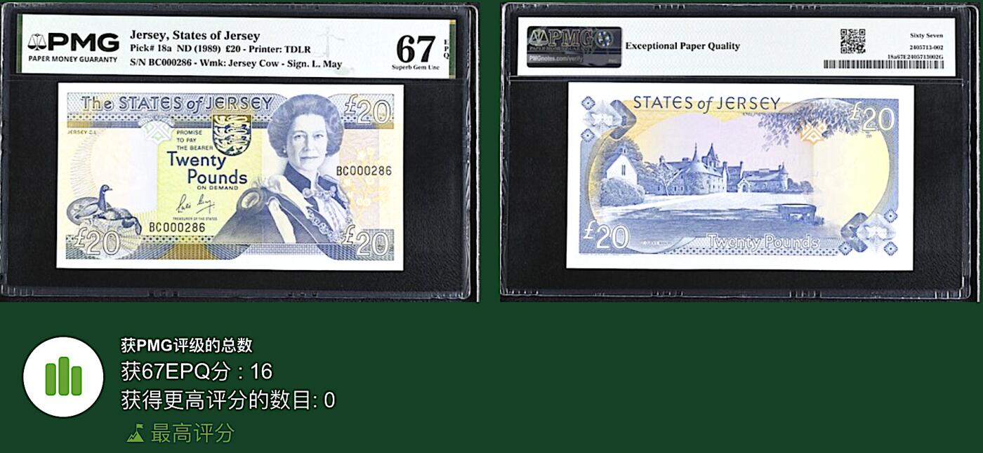 《艾美收藏》第232期-2.22周日外币靓号精品场(春节首拍) 泽西20镑 PMG67E 1989年 女王 百位小号 无347冠军分
