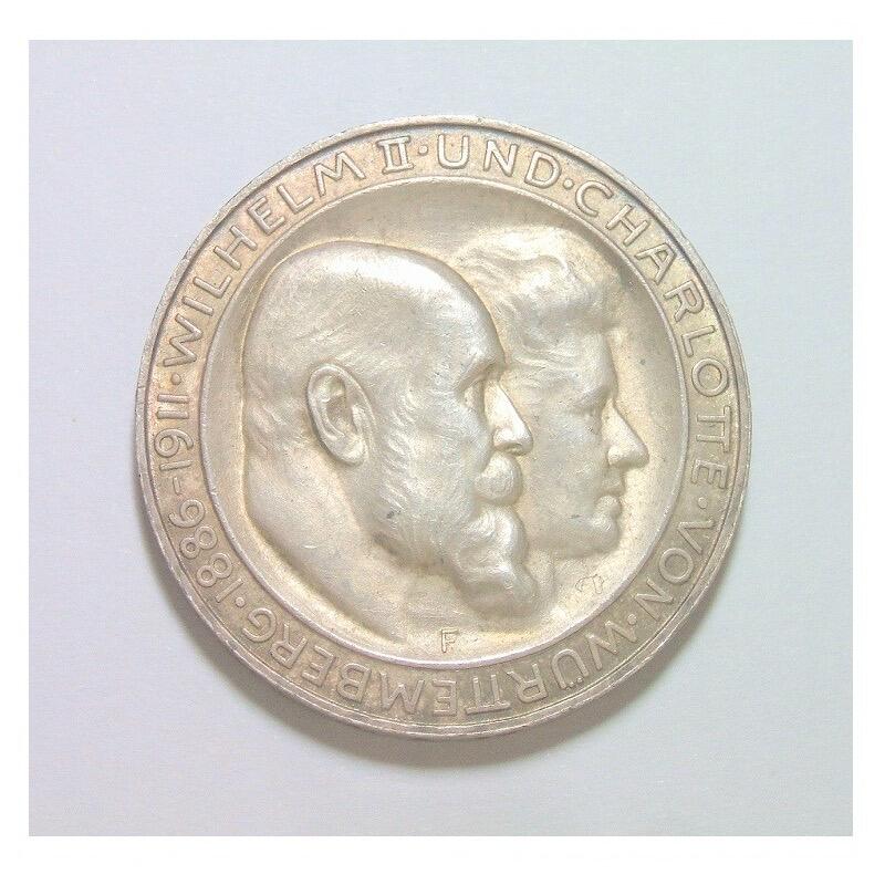 【银】德国符腾堡1911年 威廉二世银婚3马克银币 淡黄金彩 带原光