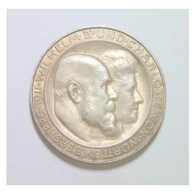 【银】德国符腾堡1911年 威廉二世银婚3马克银币 淡黄金彩 带原光 - 【银】德国符腾堡1911年 威廉二世银婚3马克银币 淡黄金彩 带原光