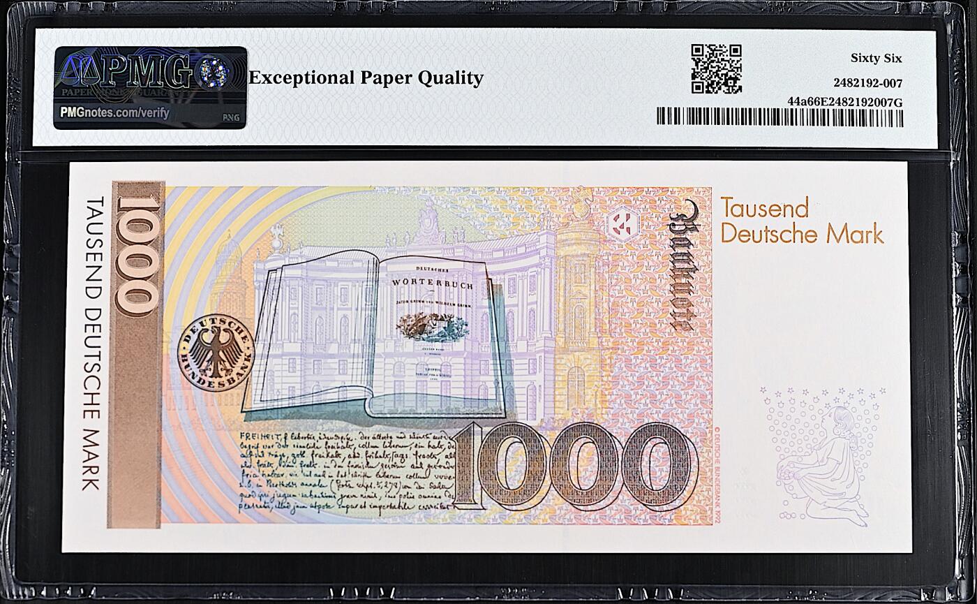 《艾美收藏》第232期-2.22周日外币靓号精品场(春节首拍) 德国1000马克 PMG66E 1991年 童话大师格林兄弟 无4