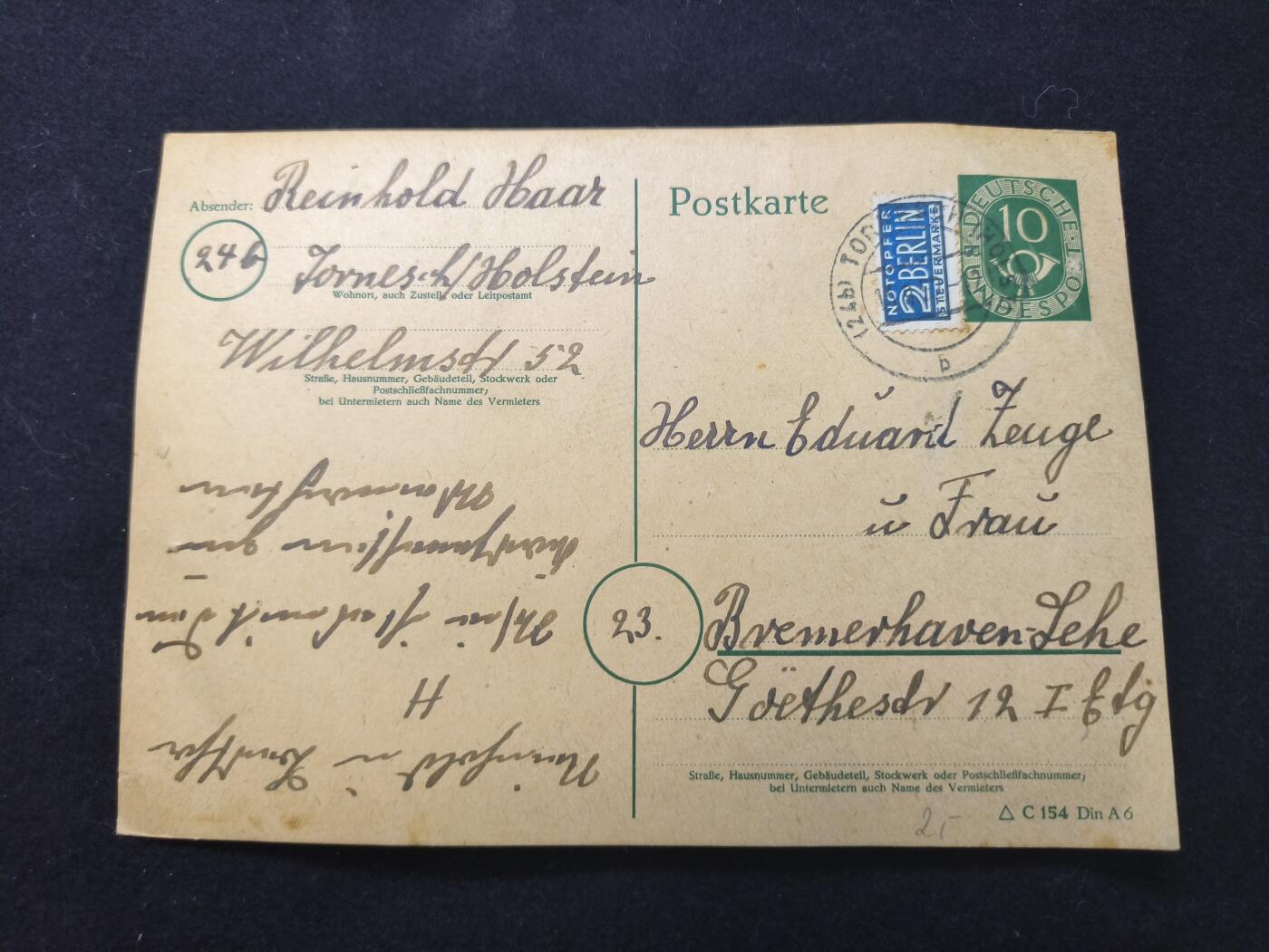 云宸嘉赏-勋臻佳藏新年快速场次（快拍 低佣 一元一手）（新年期间快递正常发） 联邦德国“邮政号角” 邮资明信片  托内施先生寄到不来梅港莱赫的Eduard Feuge 夫妇  详细看简介