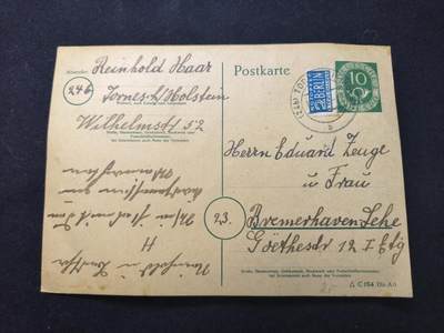 云宸嘉赏-勋臻佳藏新年快速场次（快拍 低佣 一元一手）（新年期间快递正常发） - 联邦德国“邮政号角” 邮资明信片  托内施先生寄到不来梅港莱赫的Eduard Feuge 夫妇  详细看简介