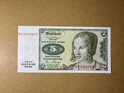 《艾美收藏》第232期-2.22周日外币靓号精品场(春节首拍) - 豹子号 德国5马克 UNC 1980年 无47豹子号